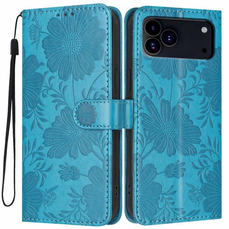 Funda de cuero para teléfono con relieve de girasol y cuerda negra pequeña, For iPhone 18 Pro, For iPhone 18 Pro Max, For iPhone 16e / 17e, For iPhone 17 Pro Max, For iPhone 17 Pro, For iPhone 17, For iPhone Air, For iPhone 16 Pro Max