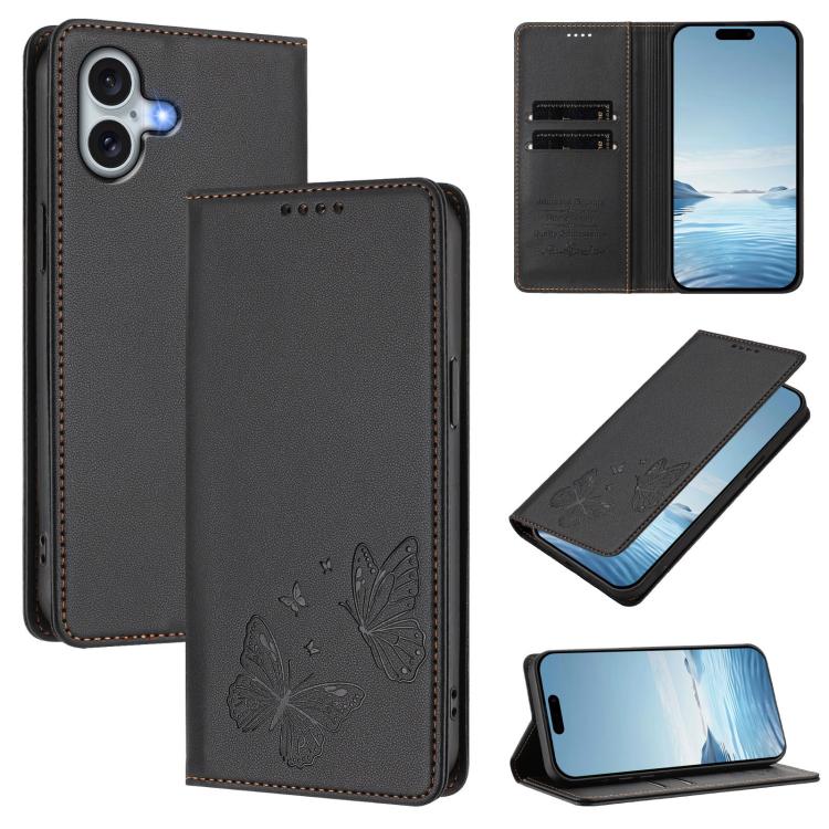 Funda para teléfono de cuero vegano con fuerte imán doble en forma de mariposa y protección RFID, For iPhone Air, For iPhone 16 Pro Max, For iPhone 16 Pro, For iPhone 16 Plus