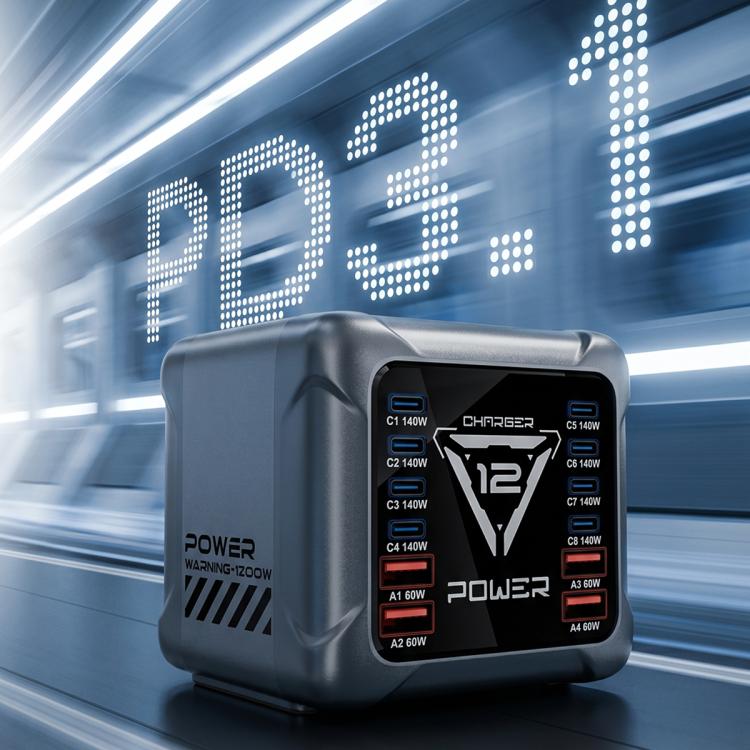 Cargador de escritorio BK-127D de 1200 W con interfaz múltiple GaN e iluminación táctil RGB., EU Plug, US Plug, AU Plug, UK Plug