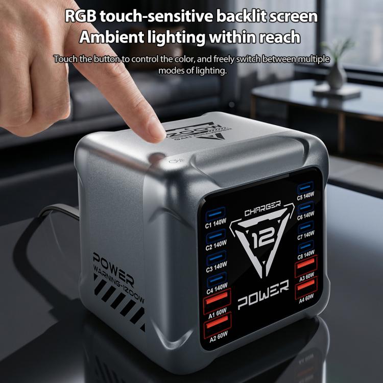Cargador de escritorio BK-127D de 1200 W con interfaz múltiple GaN e iluminación táctil RGB., EU Plug, US Plug, AU Plug, UK Plug