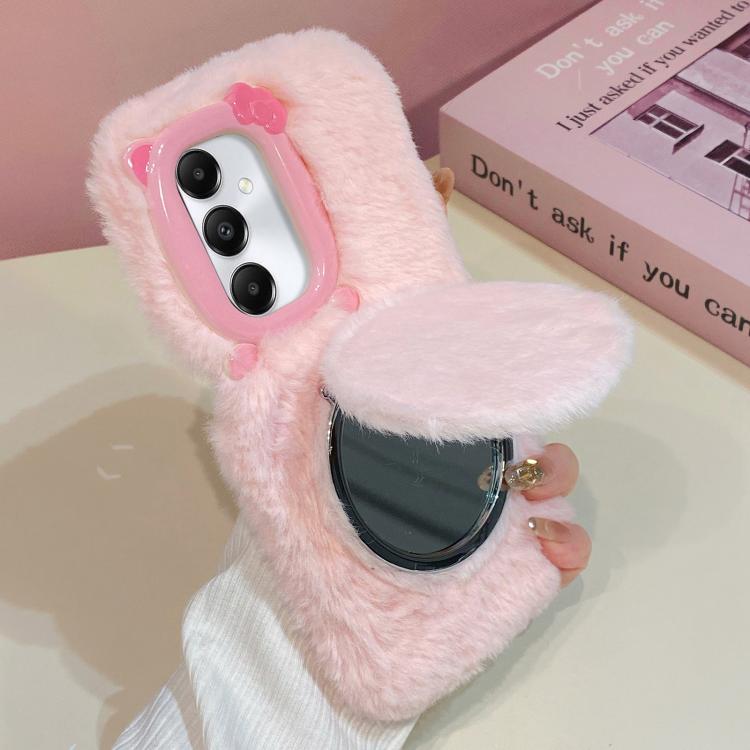 Funda de peluche para teléfono con soporte para espejo y diseño de gato con pajarita 3D, For Galaxy A57 5G, For Galaxy A37 5G, For Galaxy A17 5G / 4G, For Galaxy A56 5G, For Galaxy A26 5G, For Galaxy A36 5G, For Galaxy A16 5G / 4G, For Galaxy A15 / A15...