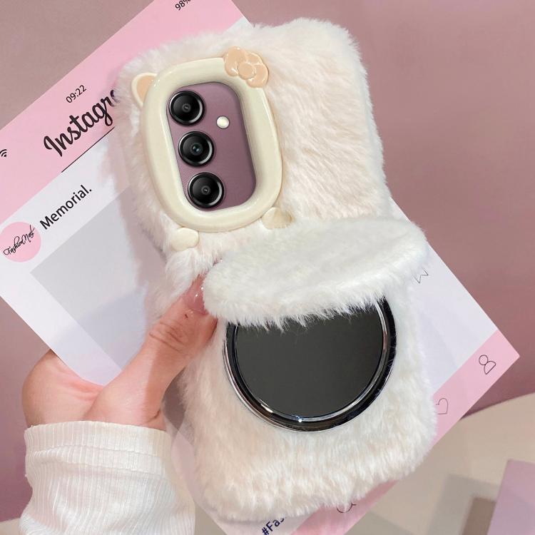 Funda de peluche para teléfono con soporte para espejo y diseño de gato con pajarita 3D, For Galaxy A57 5G, For Galaxy A37 5G, For Galaxy A17 5G / 4G, For Galaxy A56 5G, For Galaxy A26 5G, For Galaxy A36 5G, For Galaxy A16 5G / 4G, For Galaxy A15 / A15...