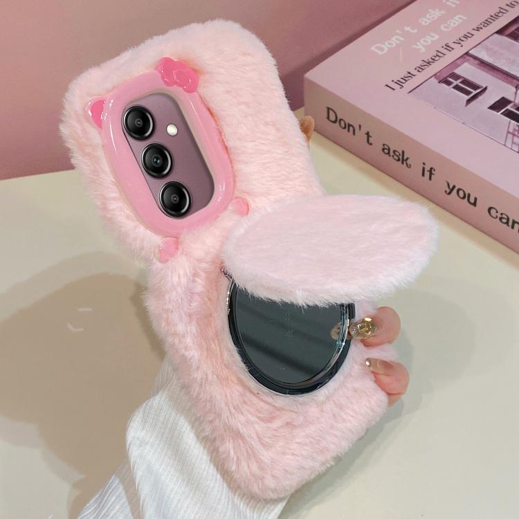 Funda de peluche para teléfono con soporte para espejo y diseño de gato con pajarita 3D, For Galaxy A57 5G, For Galaxy A37 5G, For Galaxy A17 5G / 4G, For Galaxy A56 5G, For Galaxy A26 5G, For Galaxy A36 5G, For Galaxy A16 5G / 4G, For Galaxy A15 / A15...
