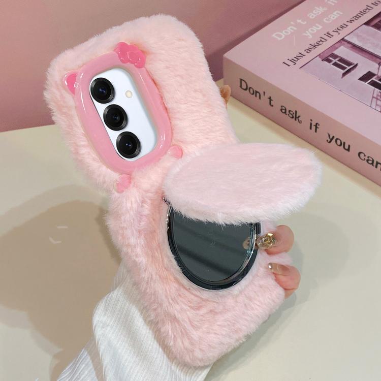Funda de peluche para teléfono con soporte para espejo y diseño de gato con pajarita 3D, For Galaxy A57 5G, For Galaxy A37 5G, For Galaxy A17 5G / 4G, For Galaxy A56 5G, For Galaxy A26 5G, For Galaxy A36 5G, For Galaxy A16 5G / 4G, For Galaxy A15 / A15...