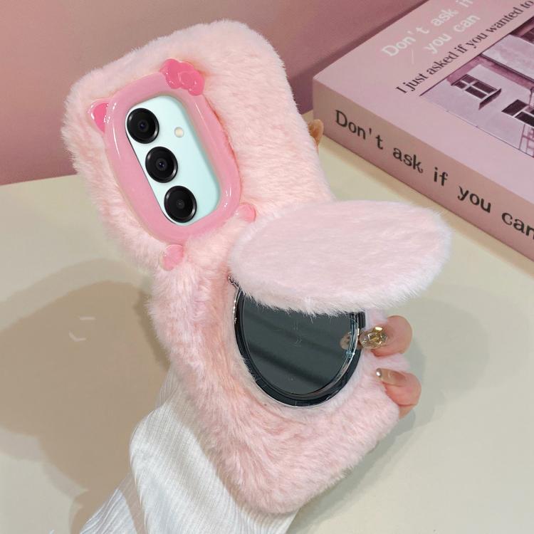 Funda de peluche para teléfono con soporte para espejo y diseño de gato con pajarita 3D, For Galaxy A57 5G, For Galaxy A37 5G, For Galaxy A17 5G / 4G, For Galaxy A56 5G, For Galaxy A26 5G, For Galaxy A36 5G, For Galaxy A16 5G / 4G, For Galaxy A15 / A15...