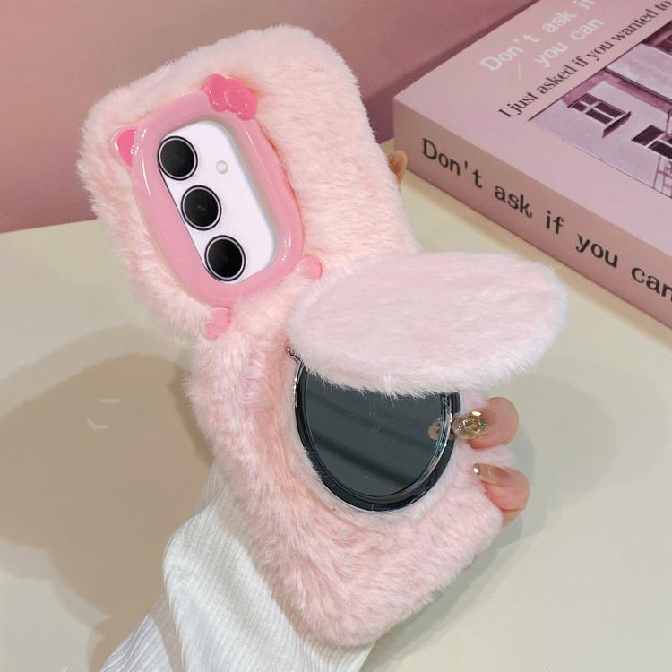Funda de peluche para teléfono con soporte para espejo y diseño de gato con pajarita 3D, For Galaxy A57 5G, For Galaxy A37 5G, For Galaxy A17 5G / 4G, For Galaxy A56 5G, For Galaxy A26 5G, For Galaxy A36 5G, For Galaxy A16 5G / 4G, For Galaxy A15 / A15...