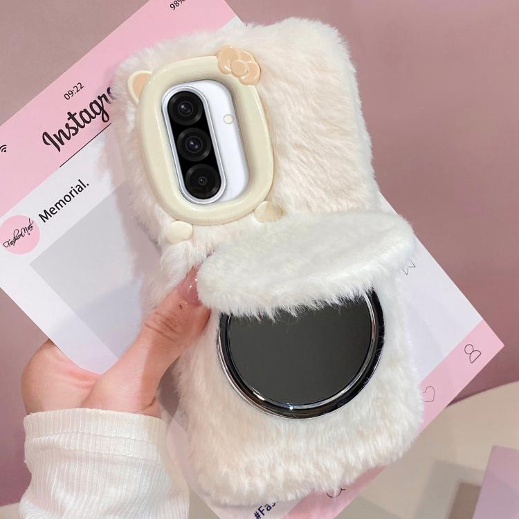 Funda de peluche para teléfono con soporte para espejo y diseño de gato con pajarita 3D, For Galaxy A57 5G, For Galaxy A37 5G, For Galaxy A17 5G / 4G, For Galaxy A56 5G, For Galaxy A26 5G, For Galaxy A36 5G, For Galaxy A16 5G / 4G, For Galaxy A15 / A15...