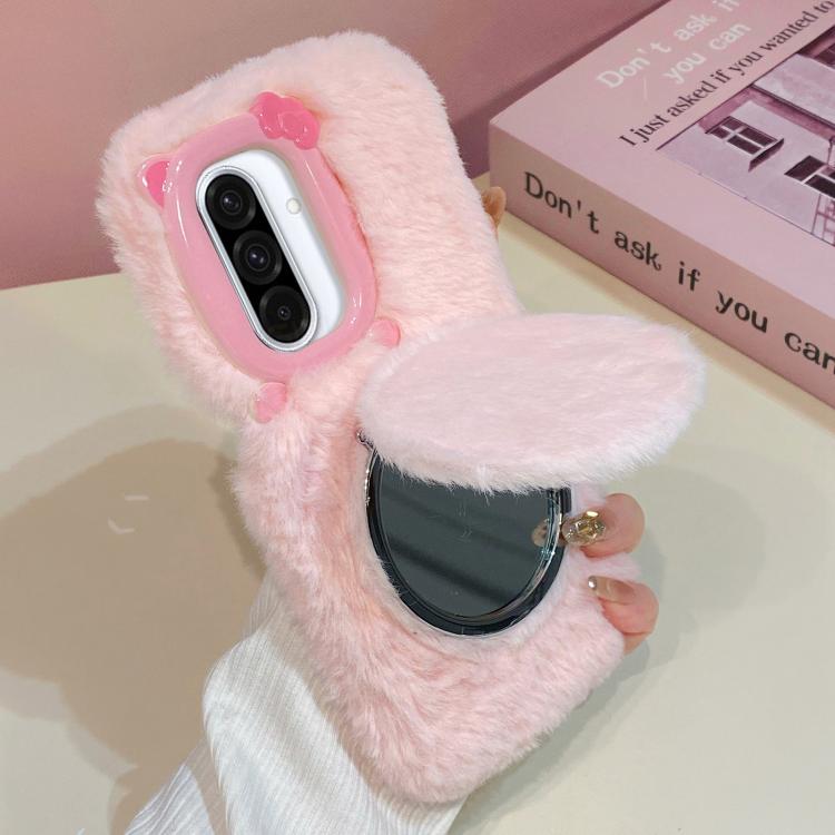 Funda de peluche para teléfono con soporte para espejo y diseño de gato con pajarita 3D, For Galaxy A57 5G, For Galaxy A37 5G, For Galaxy A17 5G / 4G, For Galaxy A56 5G, For Galaxy A26 5G, For Galaxy A36 5G, For Galaxy A16 5G / 4G, For Galaxy A15 / A15...