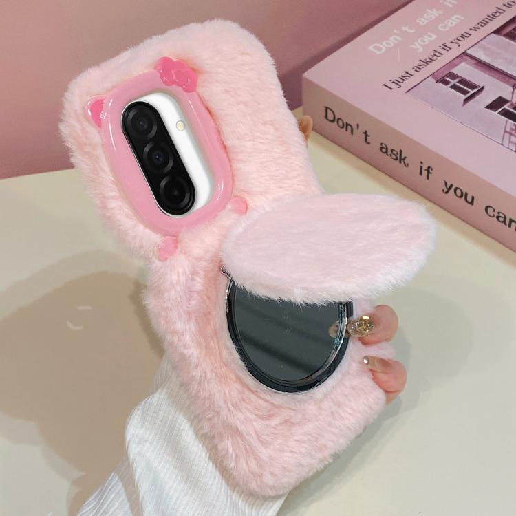 Funda de peluche para teléfono con soporte para espejo y diseño de gato con pajarita 3D, For Galaxy A57 5G, For Galaxy A37 5G, For Galaxy A17 5G / 4G, For Galaxy A56 5G, For Galaxy A26 5G, For Galaxy A36 5G, For Galaxy A16 5G / 4G, For Galaxy A15 / A15...