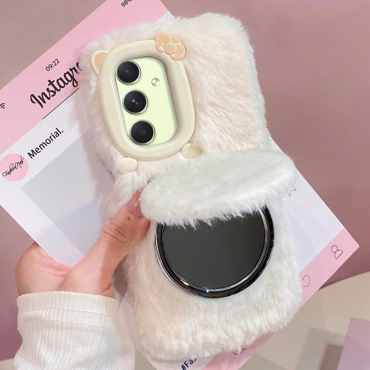 Funda de peluche para teléfono con soporte para espejo y diseño de gato con pajarita 3D, For Galaxy A57 5G, For Galaxy A37 5G, For Galaxy A17 5G / 4G, For Galaxy A56 5G, For Galaxy A26 5G, For Galaxy A36 5G, For Galaxy A16 5G / 4G, For Galaxy A15 / A15...