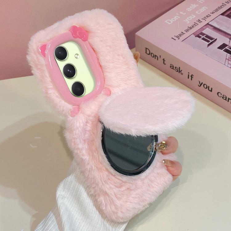 Funda de peluche para teléfono con soporte para espejo y diseño de gato con pajarita 3D, For Galaxy A57 5G, For Galaxy A37 5G, For Galaxy A17 5G / 4G, For Galaxy A56 5G, For Galaxy A26 5G, For Galaxy A36 5G, For Galaxy A16 5G / 4G, For Galaxy A15 / A15...