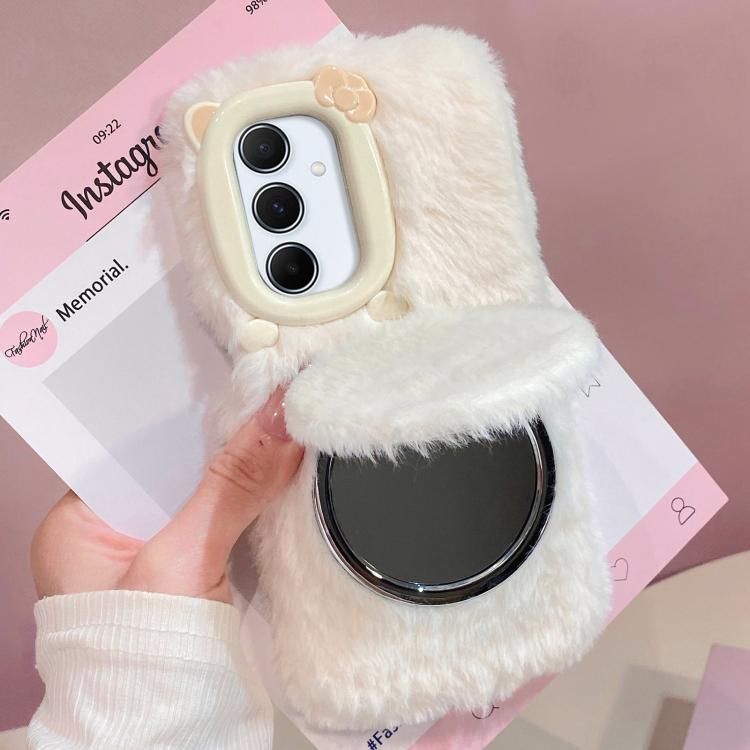 Funda de peluche para teléfono con soporte para espejo y diseño de gato con pajarita 3D, For Galaxy A57 5G, For Galaxy A37 5G, For Galaxy A17 5G / 4G, For Galaxy A56 5G, For Galaxy A26 5G, For Galaxy A36 5G, For Galaxy A16 5G / 4G, For Galaxy A15 / A15...