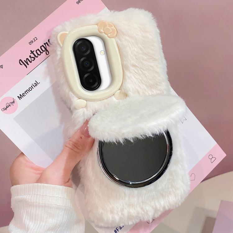 Funda de peluche para teléfono con soporte para espejo y diseño de gato con pajarita 3D, For Galaxy A57 5G, For Galaxy A37 5G, For Galaxy A17 5G / 4G, For Galaxy A56 5G, For Galaxy A26 5G, For Galaxy A36 5G, For Galaxy A16 5G / 4G, For Galaxy A15 / A15...