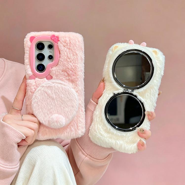Funda de peluche para teléfono con soporte para espejo y diseño de gato con pajarita 3D, For Galaxy A57 5G, For Galaxy A37 5G, For Galaxy A17 5G / 4G, For Galaxy A56 5G, For Galaxy A26 5G, For Galaxy A36 5G, For Galaxy A16 5G / 4G, For Galaxy A15 / A15...