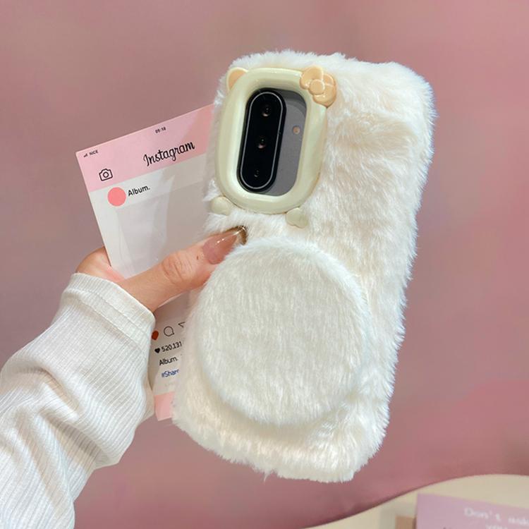 Funda de peluche para teléfono con soporte para espejo y diseño de gato con pajarita 3D, For Galaxy A57 5G, For Galaxy A37 5G, For Galaxy A17 5G / 4G, For Galaxy A56 5G, For Galaxy A26 5G, For Galaxy A36 5G, For Galaxy A16 5G / 4G, For Galaxy A15 / A15...