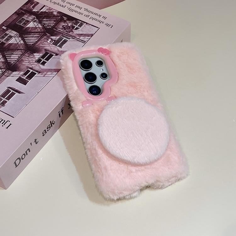 Funda de peluche para teléfono con soporte para espejo y diseño de gato con pajarita 3D, For Galaxy A57 5G, For Galaxy A37 5G, For Galaxy A17 5G / 4G, For Galaxy A56 5G, For Galaxy A26 5G, For Galaxy A36 5G, For Galaxy A16 5G / 4G, For Galaxy A15 / A15...