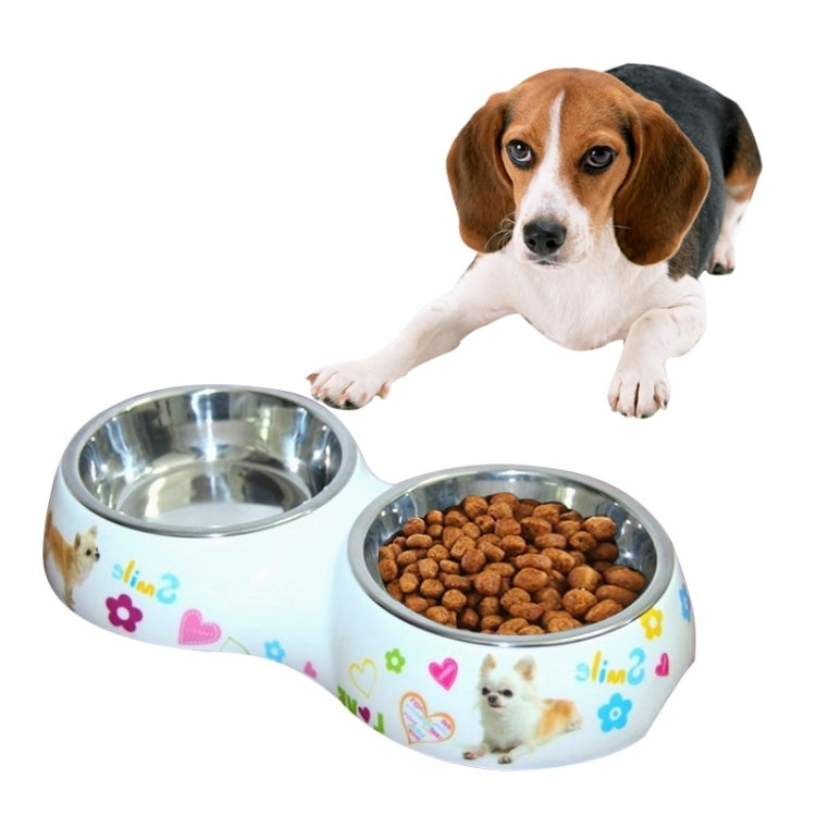 Cuencos dobles desmontables impermeables de acero inoxidable con estampado de dibujos animados, cuencos para mascotas para perros y gatos, tamaño: L, 30,5*16*5,5 cm