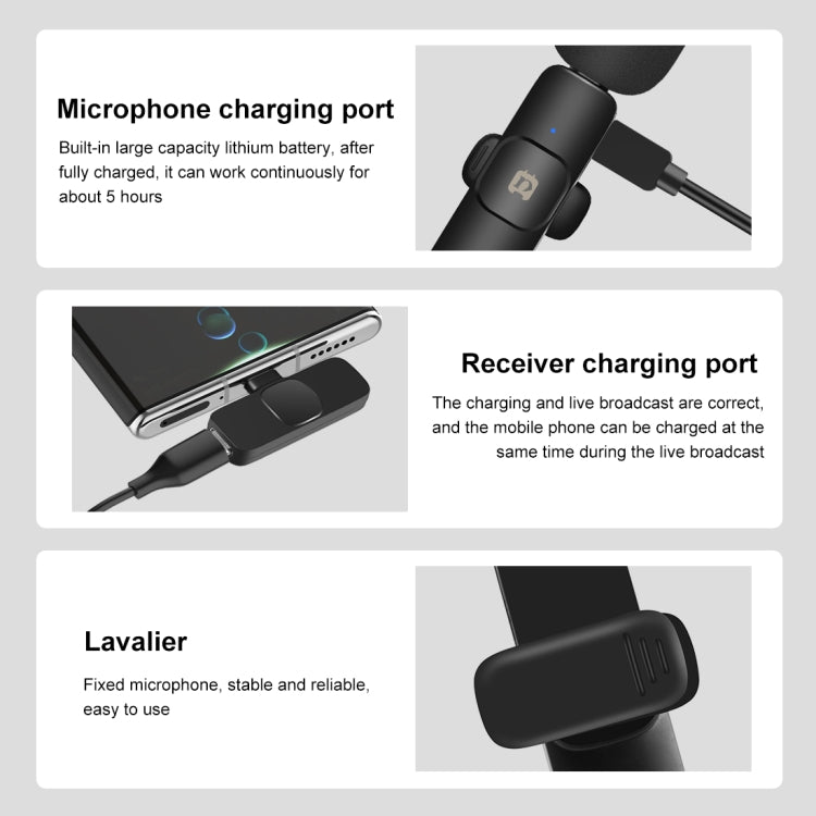 Micrófono inalámbrico de reverberación con reducción de ruido Lavalier PULUZ para dispositivo tipo C/USB-C, compatible con carga de teléfono, Type-C Wireless Microphone
