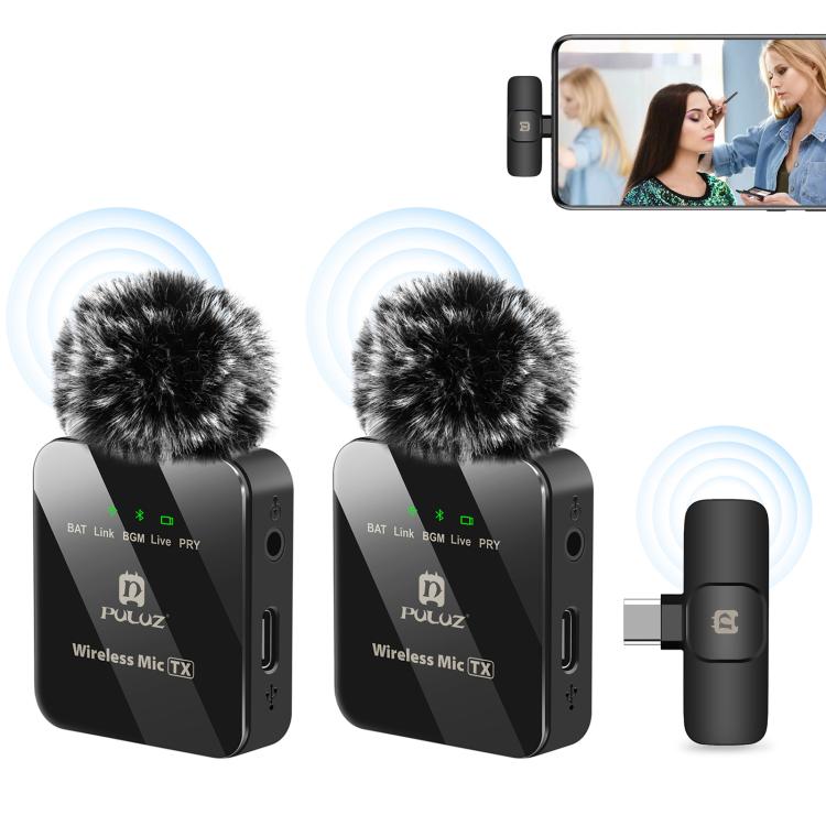 Micrófono Lavalier inalámbrico PULUZ para teléfono tipo C, receptor tipo C y micrófonos duales, Type-C 2 TX + 1 RX