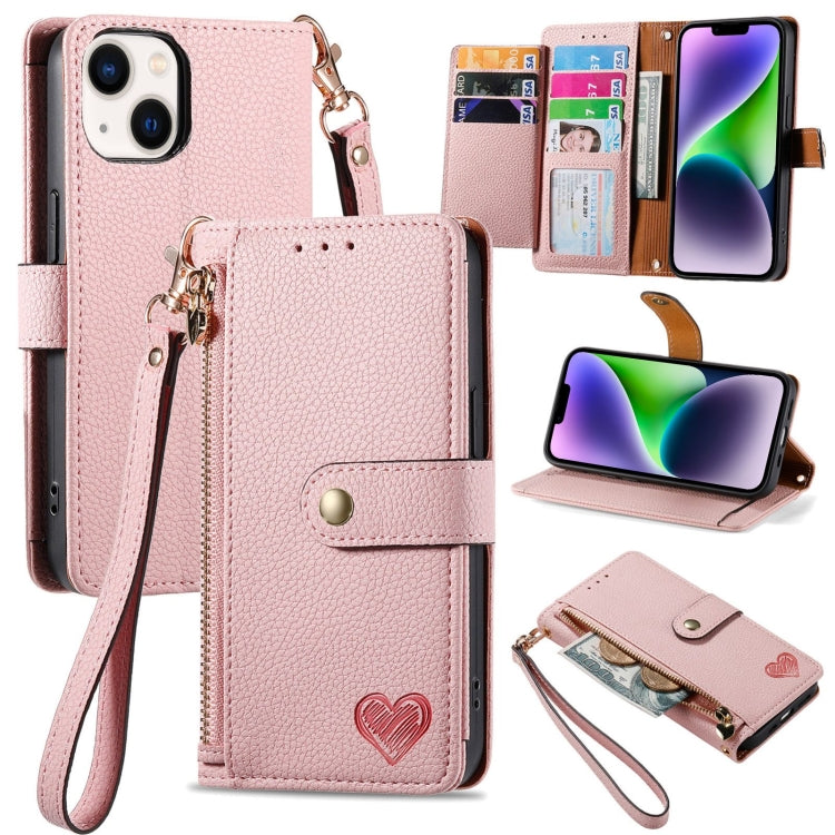 Estuche para teléfono de cuero Love Zipper Lanyard, For iPhone 16, For iPhone 15 Pro Max, For iPhone 15 Pro, For iPhone 15 Plus, For iPhone 15, For iPhone 14 Plus, For iPhone 14, For iPhone 14 Pro