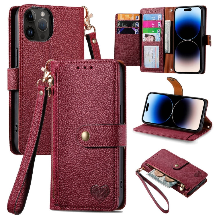 Estuche para teléfono de cuero Love Zipper Lanyard, For iPhone 16, For iPhone 15 Pro Max, For iPhone 15 Pro, For iPhone 15 Plus, For iPhone 15, For iPhone 14 Plus, For iPhone 14, For iPhone 14 Pro