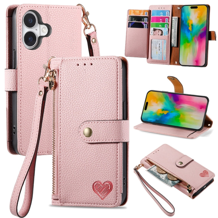 Estuche para teléfono de cuero Love Zipper Lanyard, For iPhone 16, For iPhone 15 Pro Max, For iPhone 15 Pro, For iPhone 15 Plus, For iPhone 15, For iPhone 14 Plus, For iPhone 14, For iPhone 14 Pro