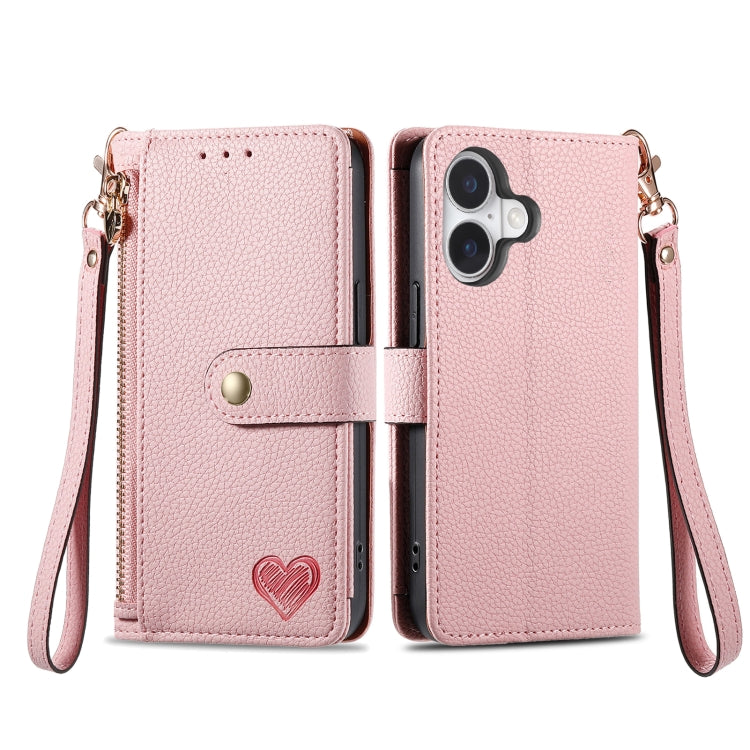Estuche para teléfono de cuero Love Zipper Lanyard, For iPhone 16, For iPhone 15 Pro Max, For iPhone 15 Pro, For iPhone 15 Plus, For iPhone 15, For iPhone 14 Plus, For iPhone 14, For iPhone 14 Pro
