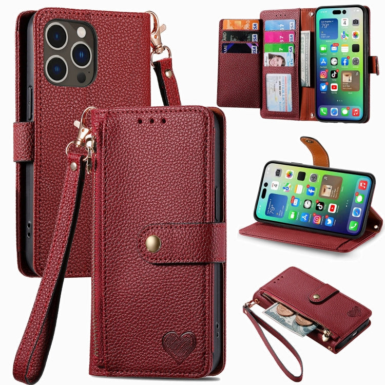 Estuche para teléfono de cuero Love Zipper Lanyard, For iPhone 18 Pro / 17 Pro, For iPhone 18 Pro Max / 17 Pro Max, For iPhone 17e / 16e, For iPhone 17, For iPhone Air, For iPhone 16 Pro Max, For iPhone 16 Pro, For iPhone 16 Plus