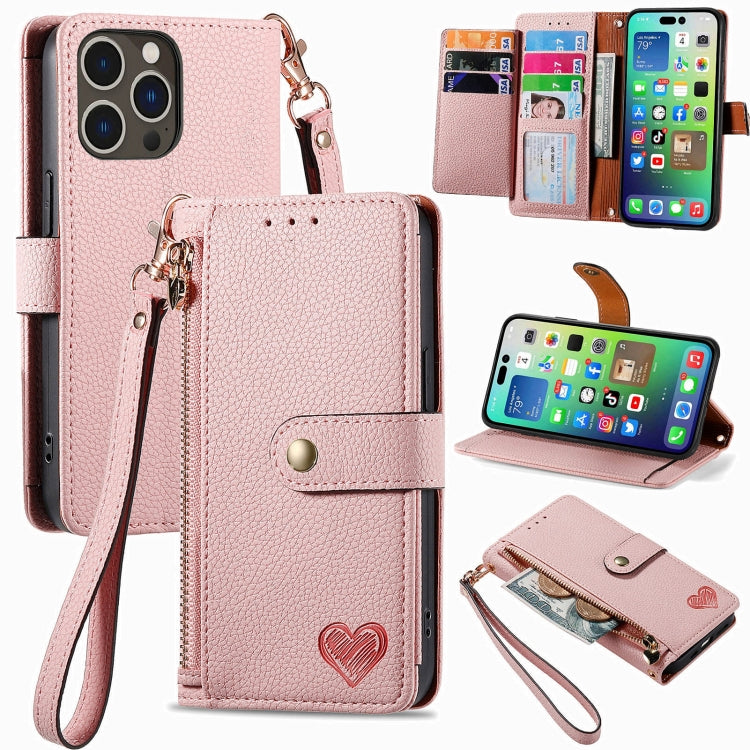 Estuche para teléfono de cuero Love Zipper Lanyard, For iPhone 18 Pro / 17 Pro, For iPhone 18 Pro Max / 17 Pro Max, For iPhone 17e / 16e, For iPhone 17, For iPhone Air, For iPhone 16 Pro Max, For iPhone 16 Pro, For iPhone 16 Plus