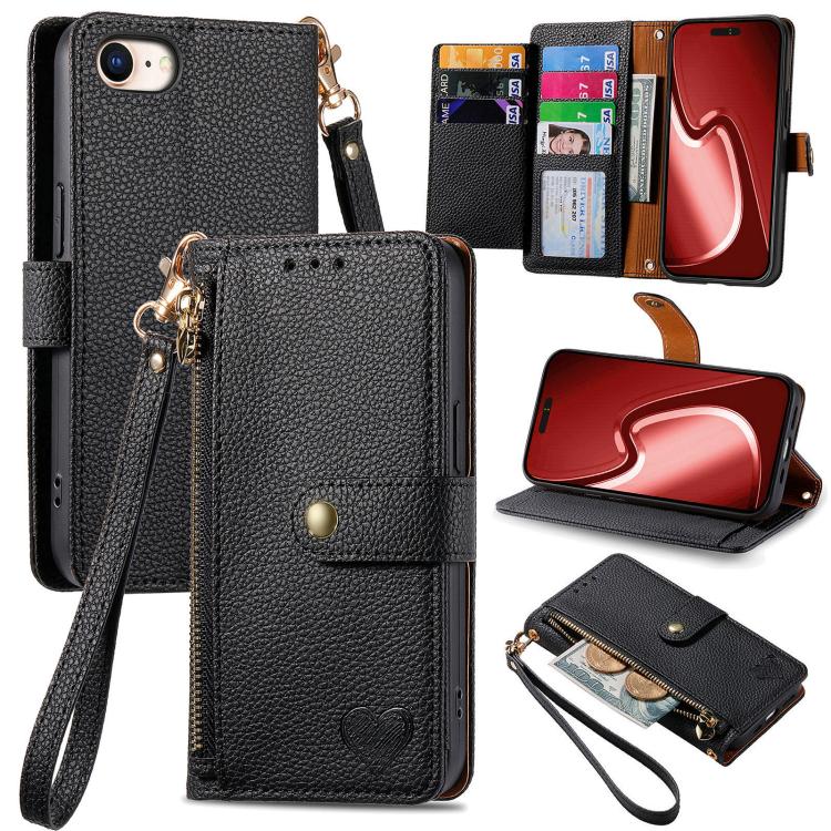 Estuche para teléfono de cuero Love Zipper Lanyard, For iPhone 18 Pro / 17 Pro, For iPhone 18 Pro Max / 17 Pro Max, For iPhone 17e / 16e, For iPhone 17, For iPhone Air, For iPhone 16 Pro Max, For iPhone 16 Pro, For iPhone 16 Plus