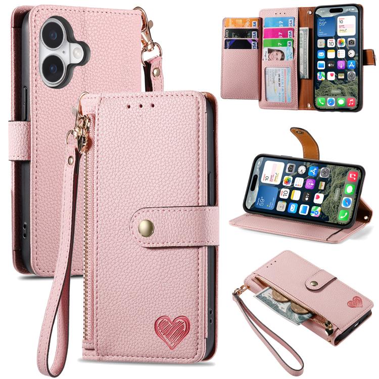 Estuche para teléfono de cuero Love Zipper Lanyard, For iPhone 18 Pro / 17 Pro, For iPhone 18 Pro Max / 17 Pro Max, For iPhone 17e / 16e, For iPhone 17, For iPhone Air, For iPhone 16 Pro Max, For iPhone 16 Pro, For iPhone 16 Plus