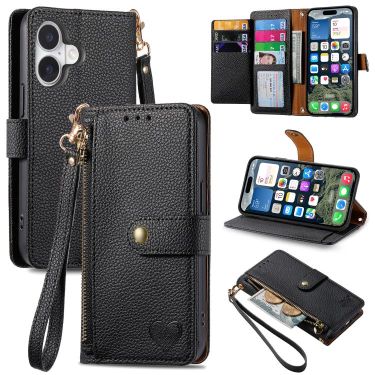 Estuche para teléfono de cuero Love Zipper Lanyard, For iPhone 18 Pro / 17 Pro, For iPhone 18 Pro Max / 17 Pro Max, For iPhone 17e / 16e, For iPhone 17, For iPhone Air, For iPhone 16 Pro Max, For iPhone 16 Pro, For iPhone 16 Plus