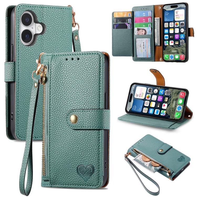 Estuche para teléfono de cuero Love Zipper Lanyard, For iPhone 18 Pro / 17 Pro, For iPhone 18 Pro Max / 17 Pro Max, For iPhone 17e / 16e, For iPhone 17, For iPhone Air, For iPhone 16 Pro Max, For iPhone 16 Pro, For iPhone 16 Plus