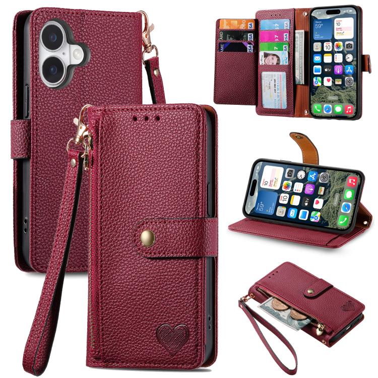 Estuche para teléfono de cuero Love Zipper Lanyard, For iPhone 18 Pro / 17 Pro, For iPhone 18 Pro Max / 17 Pro Max, For iPhone 17e / 16e, For iPhone 17, For iPhone Air, For iPhone 16 Pro Max, For iPhone 16 Pro, For iPhone 16 Plus