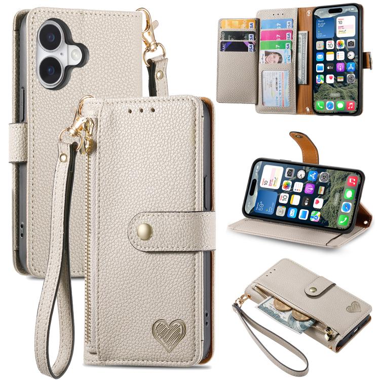 Estuche para teléfono de cuero Love Zipper Lanyard, For iPhone 18 Pro / 17 Pro, For iPhone 18 Pro Max / 17 Pro Max, For iPhone 17e / 16e, For iPhone 17, For iPhone Air, For iPhone 16 Pro Max, For iPhone 16 Pro, For iPhone 16 Plus