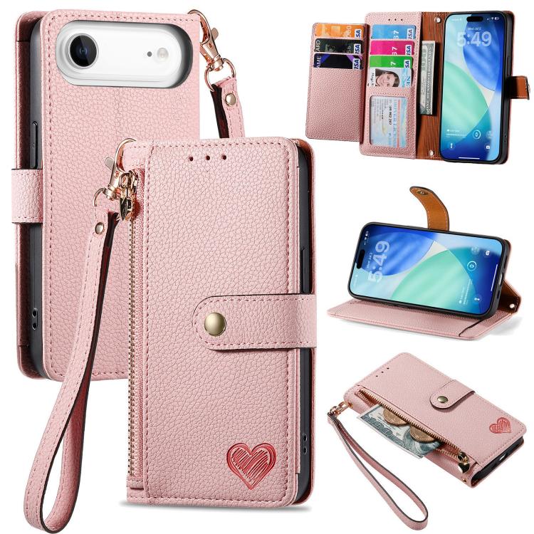 Estuche para teléfono de cuero Love Zipper Lanyard, For iPhone 18 Pro / 17 Pro, For iPhone 18 Pro Max / 17 Pro Max, For iPhone 17e / 16e, For iPhone 17, For iPhone Air, For iPhone 16 Pro Max, For iPhone 16 Pro, For iPhone 16 Plus
