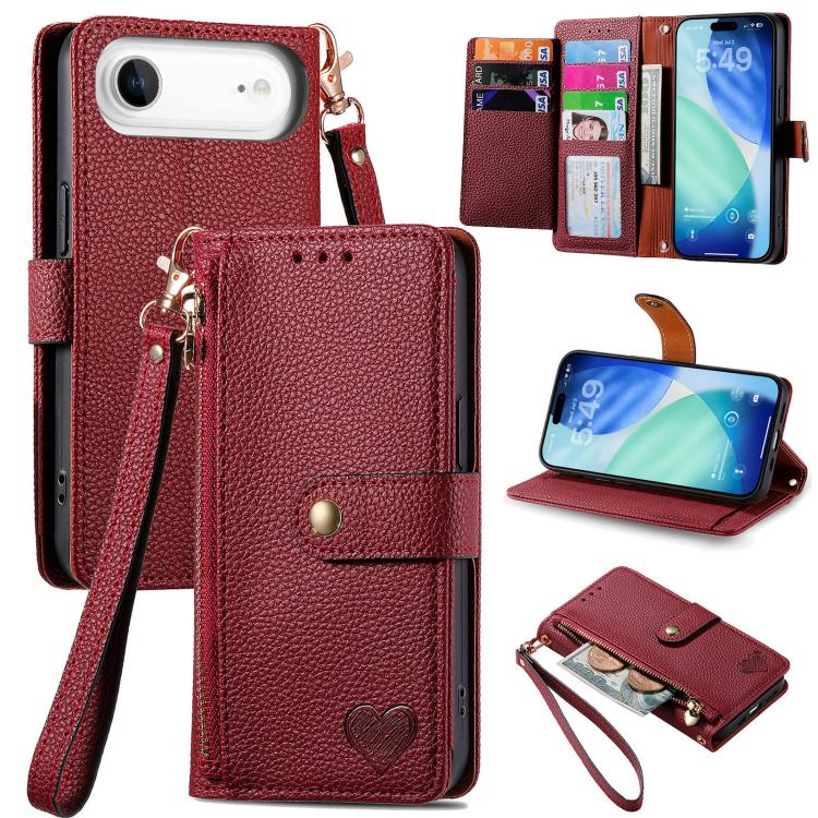Estuche para teléfono de cuero Love Zipper Lanyard, For iPhone 18 Pro / 17 Pro, For iPhone 18 Pro Max / 17 Pro Max, For iPhone 17e / 16e, For iPhone 17, For iPhone Air, For iPhone 16 Pro Max, For iPhone 16 Pro, For iPhone 16 Plus