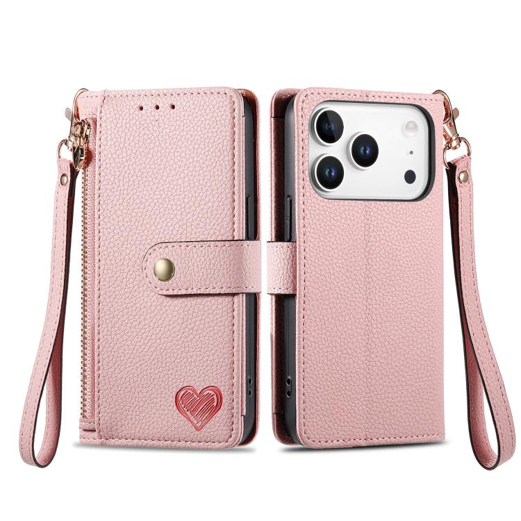 Estuche para teléfono de cuero Love Zipper Lanyard, For iPhone 18 Pro / 17 Pro, For iPhone 18 Pro Max / 17 Pro Max, For iPhone 17e / 16e, For iPhone 17, For iPhone Air, For iPhone 16 Pro Max, For iPhone 16 Pro, For iPhone 16 Plus
