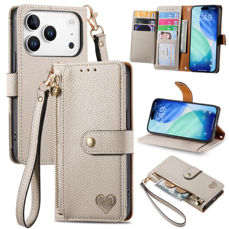 Estuche para teléfono de cuero Love Zipper Lanyard, For iPhone 18 Pro / 17 Pro, For iPhone 18 Pro Max / 17 Pro Max, For iPhone 17e / 16e, For iPhone 17, For iPhone Air, For iPhone 16 Pro Max, For iPhone 16 Pro, For iPhone 16 Plus