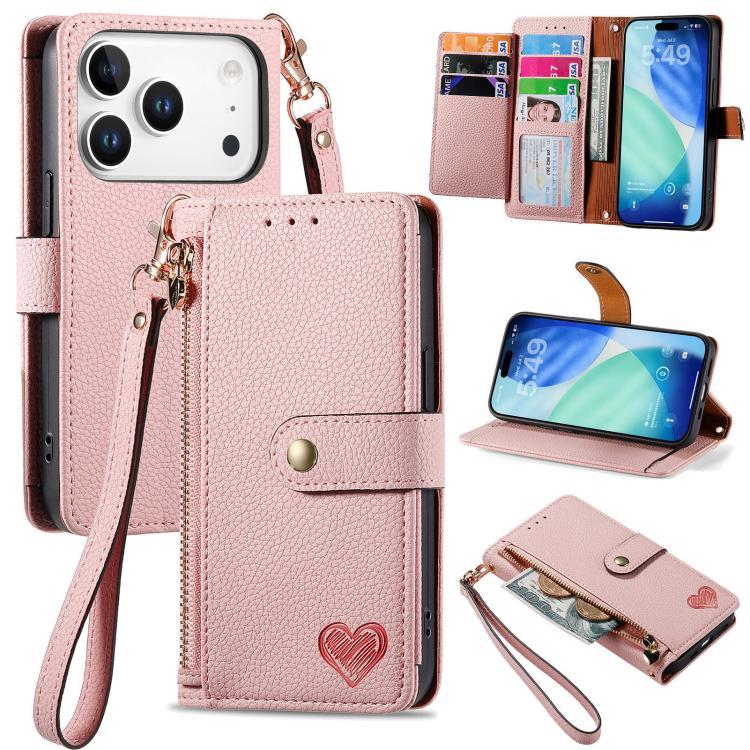 Estuche para teléfono de cuero Love Zipper Lanyard, For iPhone 18 Pro / 17 Pro, For iPhone 18 Pro Max / 17 Pro Max, For iPhone 17e / 16e, For iPhone 17, For iPhone Air, For iPhone 16 Pro Max, For iPhone 16 Pro, For iPhone 16 Plus
