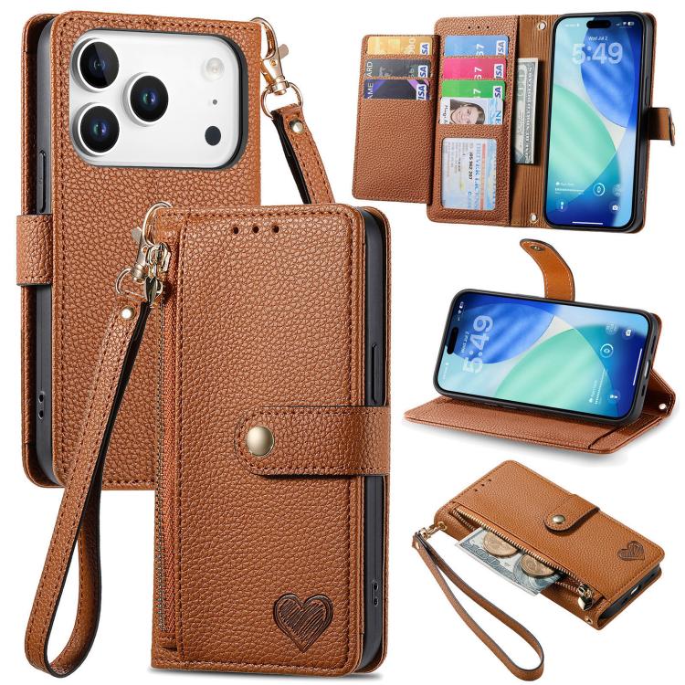 Estuche para teléfono de cuero Love Zipper Lanyard, For iPhone 18 Pro / 17 Pro, For iPhone 18 Pro Max / 17 Pro Max, For iPhone 17e / 16e, For iPhone 17, For iPhone Air, For iPhone 16 Pro Max, For iPhone 16 Pro, For iPhone 16 Plus