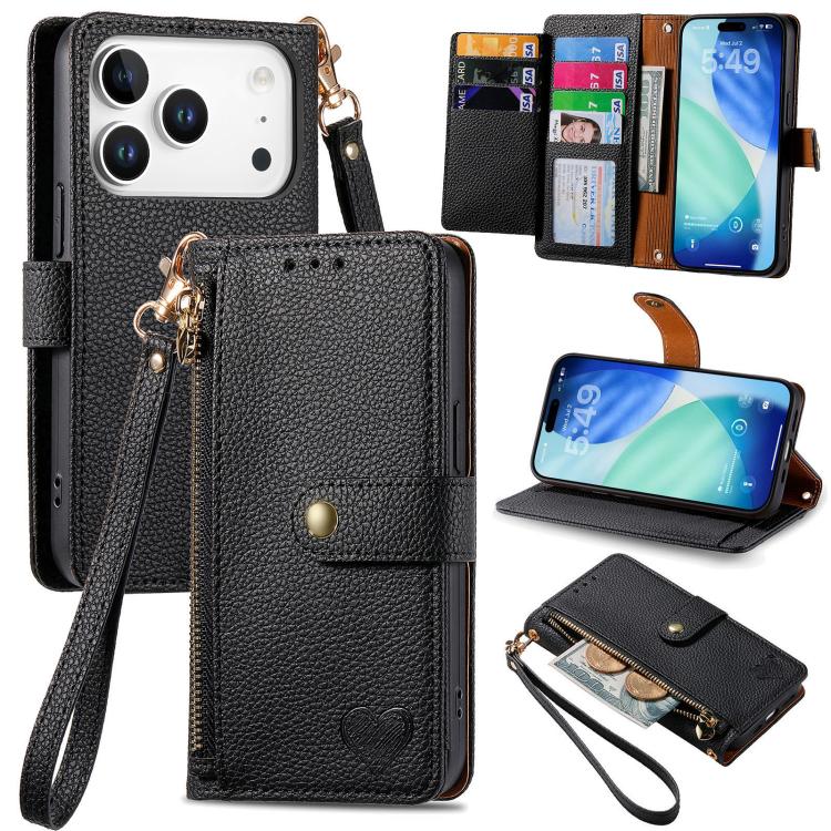 Estuche para teléfono de cuero Love Zipper Lanyard, For iPhone 18 Pro / 17 Pro, For iPhone 18 Pro Max / 17 Pro Max, For iPhone 17e / 16e, For iPhone 17, For iPhone Air, For iPhone 16 Pro Max, For iPhone 16 Pro, For iPhone 16 Plus