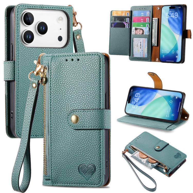 Estuche para teléfono de cuero Love Zipper Lanyard, For iPhone 18 Pro / 17 Pro, For iPhone 18 Pro Max / 17 Pro Max, For iPhone 17e / 16e, For iPhone 17, For iPhone Air, For iPhone 16 Pro Max, For iPhone 16 Pro, For iPhone 16 Plus
