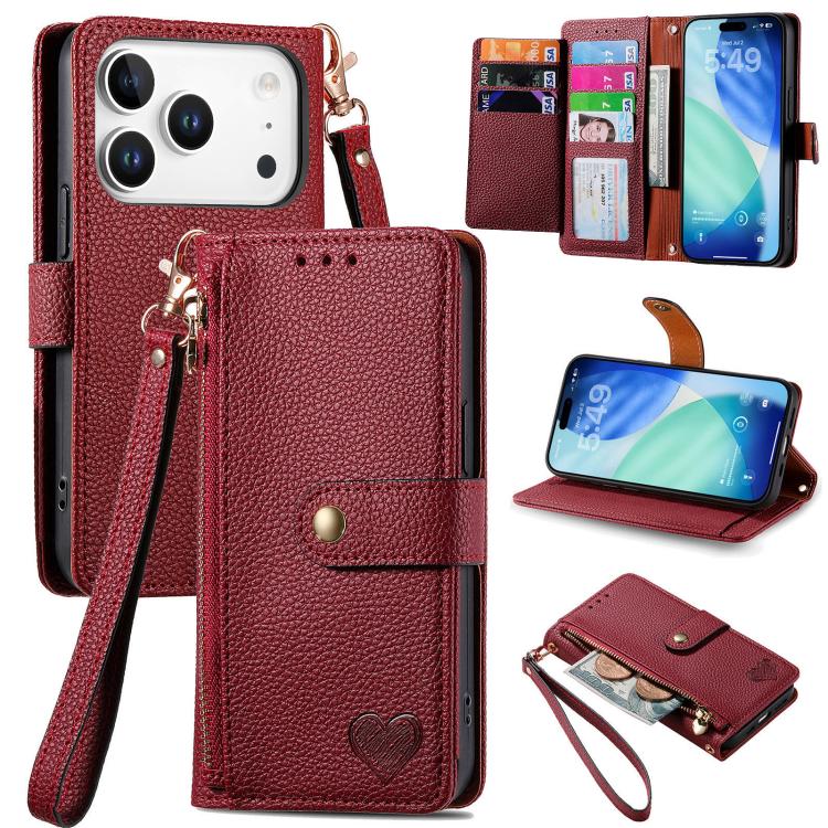 Estuche para teléfono de cuero Love Zipper Lanyard, For iPhone 18 Pro / 17 Pro, For iPhone 18 Pro Max / 17 Pro Max, For iPhone 17e / 16e, For iPhone 17, For iPhone Air, For iPhone 16 Pro Max, For iPhone 16 Pro, For iPhone 16 Plus