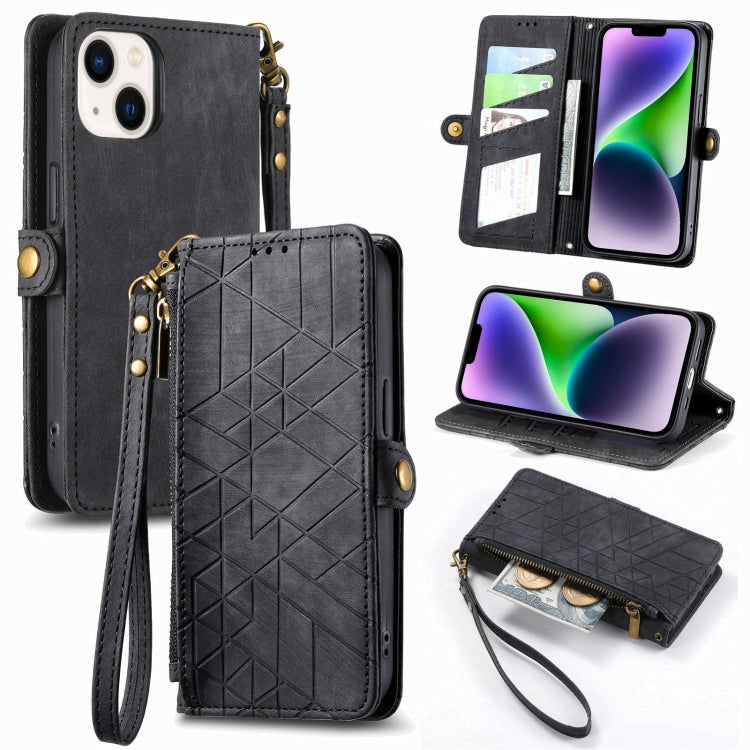 Estuche de teléfono de cuero con hebilla lateral de billetera con cremallera geométrica, For iPhone 16, For iPhone 15 Pro Max, For iPhone 15 Pro, For iPhone 15 Plus, For iPhone 15, For iPhone 14 Plus, For iPhone 14, For iPhone 14 Pro