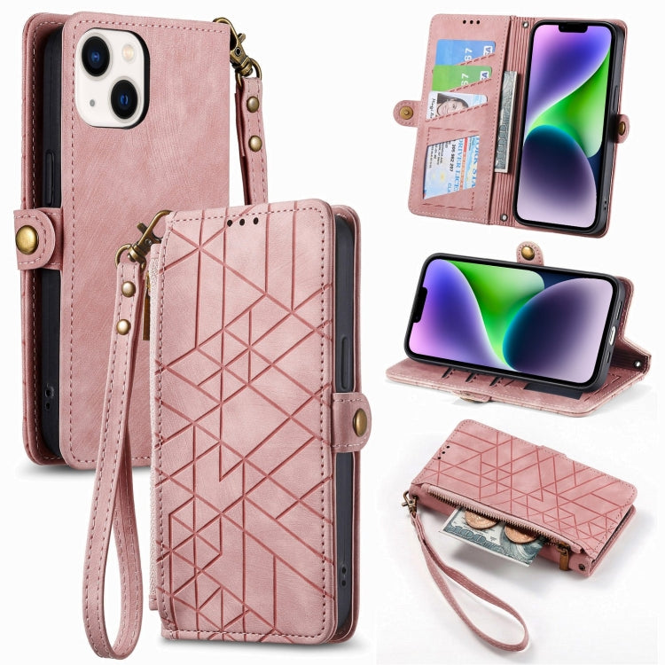 Estuche de teléfono de cuero con hebilla lateral de billetera con cremallera geométrica, For iPhone 16, For iPhone 15 Pro Max, For iPhone 15 Pro, For iPhone 15 Plus, For iPhone 15, For iPhone 14 Plus, For iPhone 14, For iPhone 14 Pro
