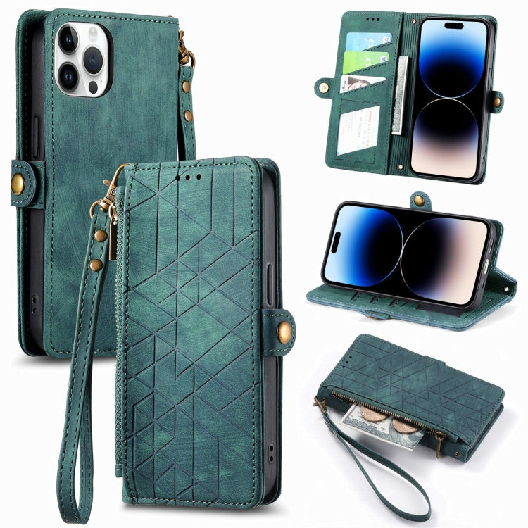 Estuche de teléfono de cuero con hebilla lateral de billetera con cremallera geométrica, For iPhone 16, For iPhone 15 Pro Max, For iPhone 15 Pro, For iPhone 15 Plus, For iPhone 15, For iPhone 14 Plus, For iPhone 14, For iPhone 14 Pro