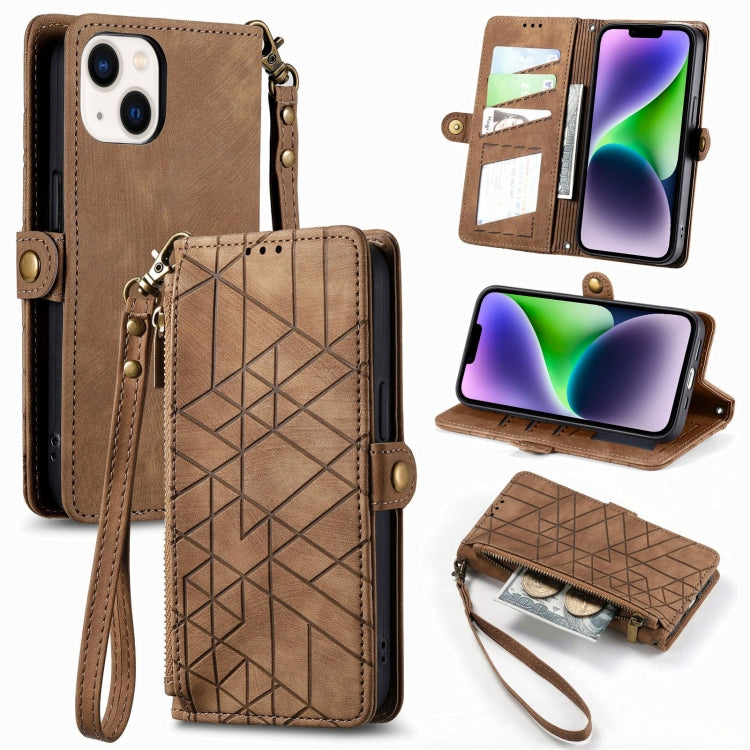 Estuche de teléfono de cuero con hebilla lateral de billetera con cremallera geométrica, For iPhone 16, For iPhone 15 Pro Max, For iPhone 15 Pro, For iPhone 15 Plus, For iPhone 15, For iPhone 14 Plus, For iPhone 14, For iPhone 14 Pro