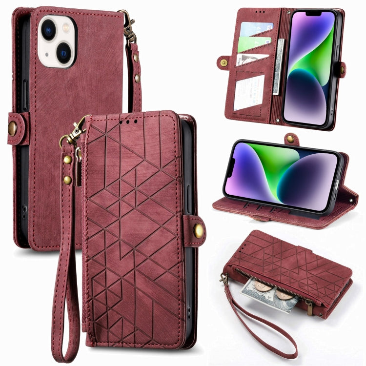 Estuche de teléfono de cuero con hebilla lateral de billetera con cremallera geométrica, For iPhone 16, For iPhone 15 Pro Max, For iPhone 15 Pro, For iPhone 15 Plus, For iPhone 15, For iPhone 14 Plus, For iPhone 14, For iPhone 14 Pro