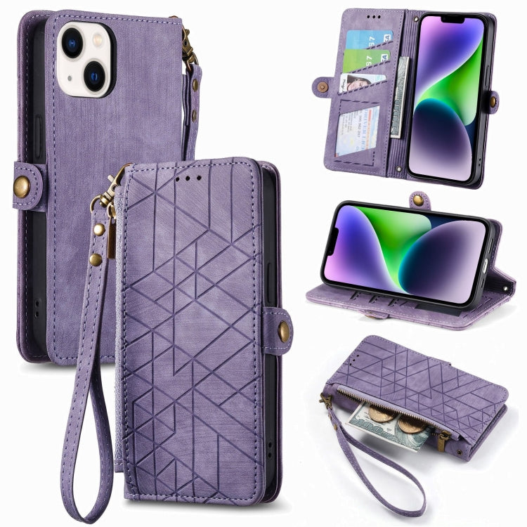 Estuche de teléfono de cuero con hebilla lateral de billetera con cremallera geométrica, For iPhone 16, For iPhone 15 Pro Max, For iPhone 15 Pro, For iPhone 15 Plus, For iPhone 15, For iPhone 14 Plus, For iPhone 14, For iPhone 14 Pro